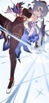  1girl absurdres black_bodysuit black_gloves black_legwear blue_hair bodysuit floating floating_hair ganyu_(genshin_impact) genshin_impact gloves highres horns impossible_clothes leotard open_mouth pantyhose purple_eyes ryein skin_tight weapon 