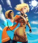  1girl absurdres android_18 ass black_gloves black_legwear blonde_hair blue_eyes blue_sky brown_dress cheymix clenched_hand commentary cosplay day dragon_ball dragon_ball_z dress earrings english_commentary fingerless_gloves gloves guilty_gear guilty_gear_strive hat hat_removed headwear_removed highres holding holding_clothes holding_hat jewelry lens_flare lens_flare_abuse looking_at_viewer millia_rage millia_rage_(cosplay) orange_scarf scarf short_hair sky solo sun twisted_torso 