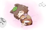  1girl ^_^ asuma_(sayonara-heaven) barefoot biting brown_hair chibi closed_eyes eyewear_removed futatsuiwa_mamizou leaf leaf_on_head lying raccoon_tail short_hair solo tail tail_biting tail_hug touhou 