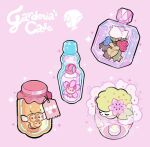  bottle candle character_name cherrim cherrim_(sunshine) cherubi combee commentary gardenia_(pokemon) gen_4_pokemon glass honey jar label mythical_pokemon perfume_bottle pink_background pokemon roserade shaymin shaymin_(land) simple_background sparkle yamato-leaphere 