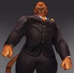  2021 anthro beard big_hands big_pecs braided_hair brown_markings clothed clothing colored dipstick_ears facial_hair facial_markings fangs felid feline final_fantasy final_fantasy_xiv fur gem grin hair head_markings hi_res hrothgar jouvru looking_at_viewer low-angle_view male mammal markings multicolored_ears muscular muscular_anthro muscular_male necktie orange_body orange_fur pecs pinstripes red_beard red_hair ring shaded simple_background smile solo square_enix stripes_(marking) suit suit_jacket tight_clothing video_games 