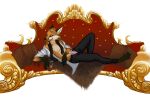  anthro blue_eyes canid canine clothing crowsfire facial_hair fox fur furniture genitals gentleman goatee hi_res in_clothes lucient male male/male mammal mustache penis pinup pose red_body red_fur royalty rugs sofa solo suggestive 