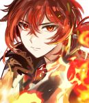  1boy bangs close-up closed_mouth diluc_(genshin_impact) eyebrows_visible_through_hair fire genshin_impact hair_between_eyes long_hair looking_at_viewer male_focus ponytail red_eyes red_hair simple_background solo sssss2222 white_background 