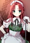  1girl alternate_costume apron beret braid breasts china_dress chinese_clothes dress enmaided hat highres hong_meiling long_hair maid maid_apron maid_headdress no_hat no_headwear risui_(suzu_rks) touhou twin_braids 
