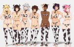  6+girls animal_ears animal_print bell bell_choker bikini black_hair blonde_hair blue_eyes breasts brown_hair choker cleavage closed_mouth cow_ears cow_horns cow_print dark_skin dark_skinned_female english_commentary feguimel green_eyes grey_background highres horns large_breasts long_hair looking_at_viewer multicolored_hair multiple_girls navel one_eye_closed original pink_hair purple_eyes purple_hair short_hair silver_hair simple_background small_breasts standing swimsuit thighhighs toeless_legwear tongue tongue_out two-tone_hair 