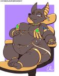  ankh anthro anubian_jackal belly big_belly breasts canid canine canis ear_piercing ear_ring egyptian female half-closed_eyes jackal mammal narrowed_eyes navel nekocrispy obese obese_anthro obese_female overweight overweight_anthro overweight_female piercing signature simple_background sitting smile solo text url 