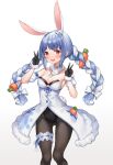  1girl absurdres animal_ear_fluff animal_ears black_gloves blue_hair blush braid breasts bunny_ears bunny_tail carrot_hair_ornament cleavage commentary double_v eyebrows_visible_through_hair eyelashes food_themed_hair_ornament fur-trimmed_gloves fur_trim giftforalice gloves hair_ornament hands_up highres hololive long_hair multicolored_hair open_mouth orange_eyes pantyhose rabbit_girl short_eyebrows solo tail teeth tongue twin_braids two-tone_hair usada_pekora v virtual_youtuber white_hair 