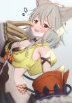  1girl :d animal_ear_fluff animal_ears armpits bangs bare_shoulders blush breasts brown_eyes claw_(weapon) commentary erune eyebrows_visible_through_hair fangs flower flying_sweatdrops granblue_fantasy grey_background grey_hair hair_between_eyes hair_flower hair_ornament highres hood hood_down long_hair looking_at_viewer open_mouth sen_(granblue_fantasy) small_breasts smile solo sweat symbol_commentary uneg weapon white_flower 