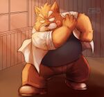  2021 anthro belly bottomwear brown_body brown_fur canid canine canis clothing domestic_dog facial_hair fur humanoid_hands inside kemono male mammal mustache overweight overweight_anthro overweight_male pants shirt solo tongue tongue_out topwear toshi_(artist) 