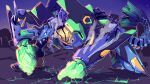  brachydios cracked_floor eva_01 fusion glowing glowing_eyes glowing_hands highres jinze_(imazawa) mecha monster_hunter monster_hunter:_world neon_genesis_evangelion no_humans one_knee open_mouth steam tail 