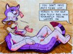  anthro brown_background canid canine canis domestic_cat domestic_dog english_text felid feline felis fox male mammal mind_control null_bulge permanent plushie plushification plushsuit purple_body simple_background solo spiral_eyes stitch_(sewing) sushiotter_(artist) text traditional_media_(artwork) whimper 