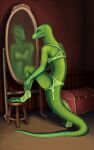  anthro being_watched cannedtalent clothing dressing female green_body green_scales hi_res lingerie lizard looking_at_another looking_back mirror net_stockings reptile scales scalie solo underwear 