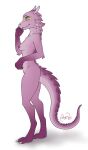  2021 5_fingers anthro areola biped black_eyes breasts claws digital_media_(artwork) digitigrade eyebrows female fingers hi_res horn humanoid_hands lizard nayrin nidhala_(ruaidri) nipples non-mammal_breasts nude paws pink_body pink_scales purple_body purple_scales reptile scales scalie side_view signature simple_background solo standing white_background yellow_body yellow_scales 