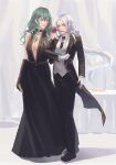  2girls artist_request blonde_hair blue_eyes blush breasts byleth_(fire_emblem) byleth_(fire_emblem)_(female) cape couple dress edelgard_von_hresvelg fire_emblem fire_emblem:_three_houses flower formal gloves high_heels highres holding_another&#039;s_arm jewelry long_hair looking_at_viewer multiple_girls necktie nyooomcat ponytail rose smile suit yuri 