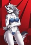  2020 5_fingers anthro black_nose bra breasts canid canid_demon canine chest_tuft claws cleavage clothed clothing collar demon digital_media_(artwork) ear_piercing ear_ring eyelashes female fingers frown fur grey_body grey_fur grey_hair hair hellhound helluva_boss heresy_(artist) hi_res humanoid_hands inner_ear_fluff long_hair looking_at_viewer loona_(vivzmind) mammal multicolored_body multicolored_fur navel notched_ear panties piercing red_sclera scowl signature solo spiked_collar spikes standing teeth tuft two_tone_body two_tone_fur underwear white_body white_eyes white_fur 