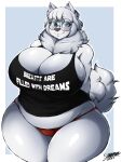  2021 absurd_res anthro belly big_breasts black_nose blue_eyes breasts canid canine canis cleavage clothed clothing cumu curvy_figure domestic_dog english_text eyewear female fur glasses hair hands_behind_back hi_res huge_breasts legs_together looking_at_viewer mammal midriff neck_tuft nordic_sled_dog samoyed shirt short_hair signature slightly_chubby smile solo spitz standing superix tank_top text thick_thighs thong topwear tuft underwear voluptuous white_body white_fur white_hair 