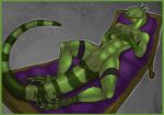  animal_genitalia anthro cloaca covered_breasts female genital_slit genitals green_body green_scales iguanid lizard narwal net_stockings reclining reptile scales scalie slit solo stripes_(marking) underbelly 