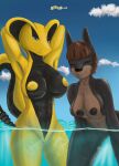  anthro breast_squish breasts canid canine canis circe domestic_dog duo female francine happy hi_res inverted_nipples inviting mammal milestone nipples nude reptile ruanshi scalie sea smile snake squish water welcoming wet 