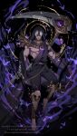  1boy bug butterfly dark_skin dark_skinned_male deviantart_username gloves greek_clothes hades_(game) heart highres hood insect kurosaki_sasori leggings male_focus muscular muscular_male scythe single_glove thanatos_(hades) twitter_username white_hair yellow_eyes 