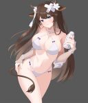  1girl animal_ears azur_lane bandaid bandaid_on_head bikini bottle breasts brown_hair cleavage cow_ears cow_girl cow_horns cow_tail criss-cross_halter crossed_bandaids eyebrows_visible_through_hair flower grey_background hair_flower hair_ornament halterneck highres horns kashino_(after-bath_pleasure)_(azur_lane) kashino_(azur_lane) large_breasts long_hair looking_at_viewer milk_bottle multi-strapped_bikini purple_eyes simple_background solo swimsuit swimwear tail thighs very_long_hair white_bikini white_flower yao_yue_tong 