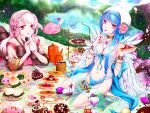  2girls :3 angel_wings angeling bangle bangs baozi barefoot bell berry bikini bikini_bottom blue_bikini blue_bow blue_hair bow bra bracelet braid brown_dress cake candy candy_cane checkerboard_cookie cherry chocolate chocolate_cake commentary_request cookie cup dress drinking drinking_straw eating eyebrows_visible_through_hair feathers finger_licking flower food footwear_removed fruit full_body gingerbread_man grass hair_bell hair_ornament halo heart-shaped_cake heart-shaped_food high_heels hmf_(hydrangea) holding holding_food honey jewelry jingle_bell licking long_hair long_sleeves looking_at_viewer lying mug multiple_girls on_stomach open_mouth orange pancake parted_lips peach picnic pink_eyes pink_flower pink_hair pink_ribbon pond poring ragnarok_online ribbon sandals shirt sitting slime_(creature) soul_linker_(ragnarok_online) spore_(ragnarok_online) strawberry swimsuit syrup teapot tray underwear very_long_hair wanderer_(ragnarok_online) wariza white_bra white_headwear white_shirt white_wings wings yellow_flower yule_log 