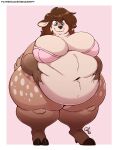 anthro belly big_belly big_breasts blue_eyes bra breasts brown_body brown_fur brown_hair cervid clothing deep_navel female fur hair hooves mammal navel nekocrispy obese obese_anthro obese_female overweight overweight_anthro overweight_female signature simple_background solo text underwear url 