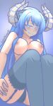  1girl artist_name bare_shoulders black_panties blue_background blue_eyes blue_hair blush breasts cleavage closed_mouth collarbone endlesstsubaki english_commentary eyebrows_visible_through_hair feet_out_of_frame garter_straps hand_on_thigh highres horns kiseijou_rei kiseijou_rei_(goddess_form) large_breasts long_hair looking_at_viewer neptune_(series) no_bra panties pantyhose simple_background smile smug solo symbol-shaped_pupils underwear 