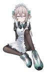  1girl absurdres ahoge alternate_costume alternate_hairstyle apron bangs blush breasts dress enmaided girls_frontline grey_hair highres m200_(girls_frontline) maid maid_apron maid_headdress medium_breasts medium_hair pantyhose puffy_sleeves purple_eyes ribbon shoes short_dress short_twintails sidelocks sitting sneakers solo tied_hair twintails yakiniku-joan. 