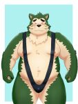  2021 3:4 anthro belly black_nose blush canid canine canis clothing domestic_dog eyes_closed fur green_body green_fur hi_res kemono live-a-hero male mammal mokdai moobs navel nipples overweight overweight_anthro overweight_male solo underwear video_games yaki_atsuage 