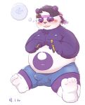  2021 alp_(tas) anthro balls_outline belly blush bottomwear bulge clothing eyes_closed fur genital_outline giant_panda hat headgear headwear hi_res kemono lantu_(artist) male mammal navel overweight overweight_anthro overweight_male penis_outline purple_body purple_fur shorts simple_background sitting solo tokyo_afterschool_summoners ursid video_games white_background white_body white_fur young 