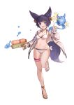  1girl :d \m/ absurdres animal_ears bikini breasts copyright_request fang fox_ears full_body highres jacket kray._(k-ray) medium_breasts navel open_clothes open_jacket open_mouth purple_eyes purple_hair sandals short_hair skin_fang smile solo swimsuit thigh_strap water_gun white_bikini 