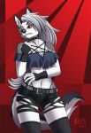  2020 5_fingers anthro belt black_nose bottomwear bra breasts canid canid_demon canine chest_tuft claws clothed clothing collar crop_top demon digital_media_(artwork) ear_piercing ear_ring eyelashes female fingerless_gloves fingers frown fur gloves grey_body grey_fur grey_hair hair handwear hellhound helluva_boss heresy_(artist) hi_res humanoid_hands inner_ear_fluff legwear long_hair looking_at_viewer loona_(vivzmind) mammal multicolored_body multicolored_fur navel notched_ear panties pentagram piercing red_sclera scowl shirt shorts signature solo spiked_collar spikes standing stockings teeth thigh_highs topwear torn_bottomwear torn_clothing torn_shorts tuft two_tone_body two_tone_fur underwear underwear_visible white_body white_eyes white_fur 