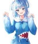  1girl animal_hood bangs blue_eyes blue_hair blue_hoodie blush breasts eyebrows_visible_through_hair fang gao gawr_gura hand_up hands_up hololive hololive_english hood hoodie long_sleeves looking_at_viewer medium_hair minttchocok multicolored_hair nail_polish open_mouth shark_hood silver_hair simple_background small_breasts solo streaked_hair teeth two_side_up virtual_youtuber white_background white_hair 