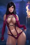  1girl architecture bangs black_hair breasts center_opening cleavage east_asian_architecture elbow_gloves eyeshadow fingerless_gloves fire gloves highres large_breasts leotard lips looking_at_viewer makeup mileena mortal_kombat navel night prywinko revealing_clothes sharp_teeth short_hair solo swept_bangs teeth yellow_eyes 