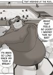 2021 absurd_res alfredblaze anthro belly clothing comic english_text eyes_closed group hi_res male mammal outside overweight overweight_male spectacled_bear swimwear text tremarctine ursid water 