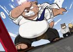  2021 anthro belly bottomwear brown_body brown_fur canid canine canis clothing domestic_dog footwear fur gatoggy group humanoid_hands kemono male mammal necktie outside overweight overweight_male pants sandals shirt topwear ursid 