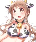  1girl :d animal_ears animal_print bangs bare_arms bare_shoulders bell bell_collar bikini black_collar blush breasts brown_eyes brown_hair chinese_zodiac cleavage collar commentary_request cow_ears cow_horns cow_print cowbell eyebrows_visible_through_hair fake_animal_ears fake_horns floating_hair flying_sweatdrops happy horns large_breasts long_hair looking_at_viewer matsumoto_yoriko open_mouth print_bikini simple_background smile solo swimsuit tatsunokosso thick_eyebrows upper_body white_background year_of_the_ox yuyushiki 