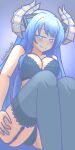  1girl artist_name bare_shoulders black_bra black_panties blue_background blue_eyes blue_hair blush bra breasts cleavage closed_mouth collarbone endlesstsubaki english_commentary eyebrows_visible_through_hair feet_out_of_frame garter_straps hand_on_thigh highres horns kiseijou_rei kiseijou_rei_(goddess_form) large_breasts long_hair looking_at_viewer neptune_(series) panties pantyhose simple_background smile smug solo symbol-shaped_pupils underwear 