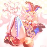  1girl ahoge animal_ears applefootcz blonde_hair breasts cake character_name detached_sleeves food fox_ears fox_tail full_body gloves hair_ornament happy_birthday hat highres hololive icing jester_cap knees_up looking_at_viewer lying medium_breasts messy_hair mismatched_legwear multicolored multicolored_hair multicolored_nails nail_polish omaru_polka on_back pink_eyes reclining red_gloves showgirl_skirt smile solo streaked_hair striped striped_legwear tail thighhighs thighs twitter_username v vertical-striped_legwear vertical_stripes virtual_youtuber wrist_cuffs x_hair_ornament 