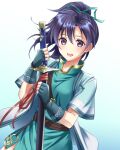  1girl :d blue_hair blush commission fingerless_gloves fir_(fire_emblem) fire_emblem fire_emblem:_the_binding_blade fire_emblem_heroes gloves gradient gradient_background holding holding_sword holding_weapon kakiko210 open_mouth ponytail purple_eyes sheath sheathed short_sleeves skeb_commission smile solo sword weapon white_background 