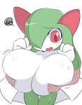  2021 big_breasts blush breast_grab breasts disembodied_hand female female_focus hand_on_breast hi_res huge_breasts humanoid hyper hyper_breasts kirlia nintendo not_furry open_mouth pok&eacute;mon pok&eacute;mon_(species) simple_background solo_focus sugaru video_games white_background 