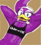  absurd_res anthro avian bird blue_eyes bra clothing english_text eyelashes feathers female hi_res hirundinid looking_at_viewer oscine passerine purple_body purple_feathers solo sonic_riders sonic_the_hedgehog_(series) sports_bra swallow_(bird) text underwear unknown_artist wave_the_swallow 
