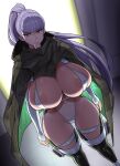  1girl al_phantom areolae bangs breasts cameltoe cape covered_navel curvy elbow_sleeve eyebrows_visible_through_hair green_legwear high_ponytail highres huge_breasts knife_in_mouth last_origin leotard long_ponytail mouth_hold open_door otogi_tetsurou poncho purple_hair red_eyes standing thighhighs thighs tile_floor tiles wide_hips 