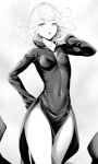  1girl bangs breasts covered_navel curly_hair dress flipped_hair greyscale long_sleeves looking_at_viewer monochrome one-punch_man open_mouth short_hair side_slit small_breasts tatsumaki thighs zucchini 