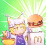  1girl animal_ears arms_up artist_name bangs blonde_hair blush burger commentary dress english_commentary food fox_ears fox_tail fumo_(doll) gradient gradient_background green_background hair_between_eyes hands_up hat long_sleeves looking_to_the_side mcdonald&#039;s mob_cap multiple_tails open_mouth package purple_vest sami_(pirateyoukai) short_hair solo tabard tail touhou vest white_background white_dress white_headwear wide_sleeves yakumo_ran yellow_eyes 
