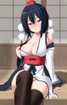  1girl areola_slip areolae arm_support bare_shoulders black_hair blurry blurry_background blush breasts cleavage closed_mouth collarbone commentary_request commission detached_sleeves feet_out_of_frame hair_between_eyes hat head_tilt highres knee_up kourindou_tengu_costume large_breasts looking_at_viewer no_panties nori_tamago nose_blush obi outdoors pom_pom_(clothes) red_eyes red_headwear sash shameimaru_aya short_hair sitting skeb_commission sliding_doors smile solo sweat tassel thighhighs tokin_hat touhou white_robe wide_sleeves wooden_floor 