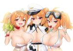  3girls ahoge areolae bangs between_breasts bikini breasts cerberus_(last_origin) choker cleavage eyebrows_visible_through_hair fangs gloves goggles goggles_on_head hair_between_eyes hat highres huge_breasts kbn317 last_origin long_hair mole mole_under_eye multiple_girls multiple_persona open_mouth orange_hair peaked_cap red_eyes salute simple_background smile strap_between_breasts swimsuit tiara two_side_up v whistle white_background white_gloves 