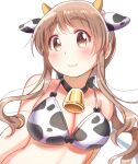  1girl animal_ears animal_print bangs bare_arms bare_shoulders bell bell_collar bikini black_collar blush breasts brown_eyes brown_hair chinese_zodiac cleavage closed_mouth collar commentary_request cow_ears cow_horns cow_print cowbell eyebrows_visible_through_hair fake_animal_ears fake_horns floating_hair happy horns large_breasts long_hair looking_at_viewer matsumoto_yoriko print_bikini simple_background smile solo swimsuit tatsunokosso thick_eyebrows upper_body white_background year_of_the_ox yuyushiki 