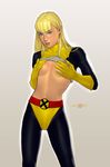  blonde_hair blue_eyes cameltoe flat_chest gloves illyana_rasputina magik_(x-men) marvel midriff miravi pantyhose shiny shiny_clothes shirt_lift solo spandex x-men 