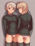  alister_agrew artist_request brown_hair closed_eyes green_shirt last_exile long_hair multiple_girls no_pants non-web_source panties pantyshot ribbed_sweater shirt short_hair silver_eyes silver_hair sweater tatiana_wisla thighhighs underwear 